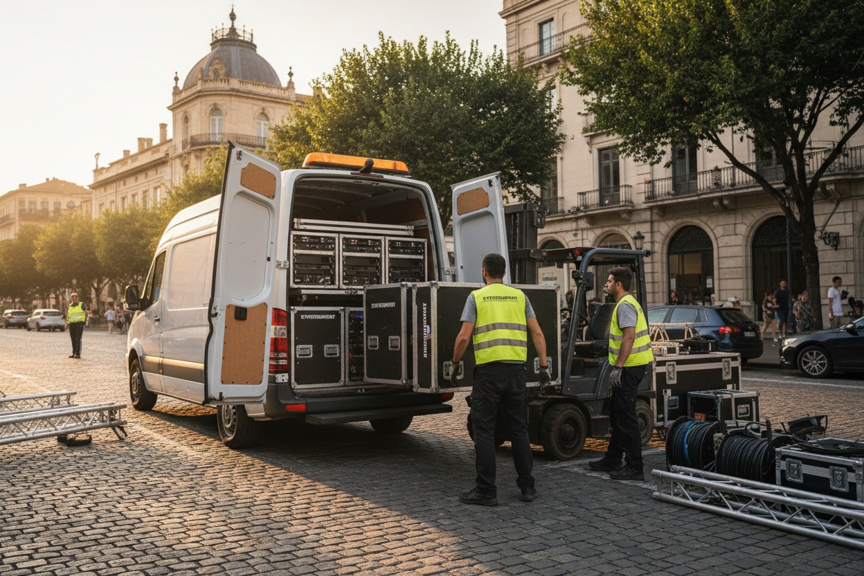 Two workers in high-visibility vests use a forklift to load equipment cases into the back of a white van parked on a cobblestone street.